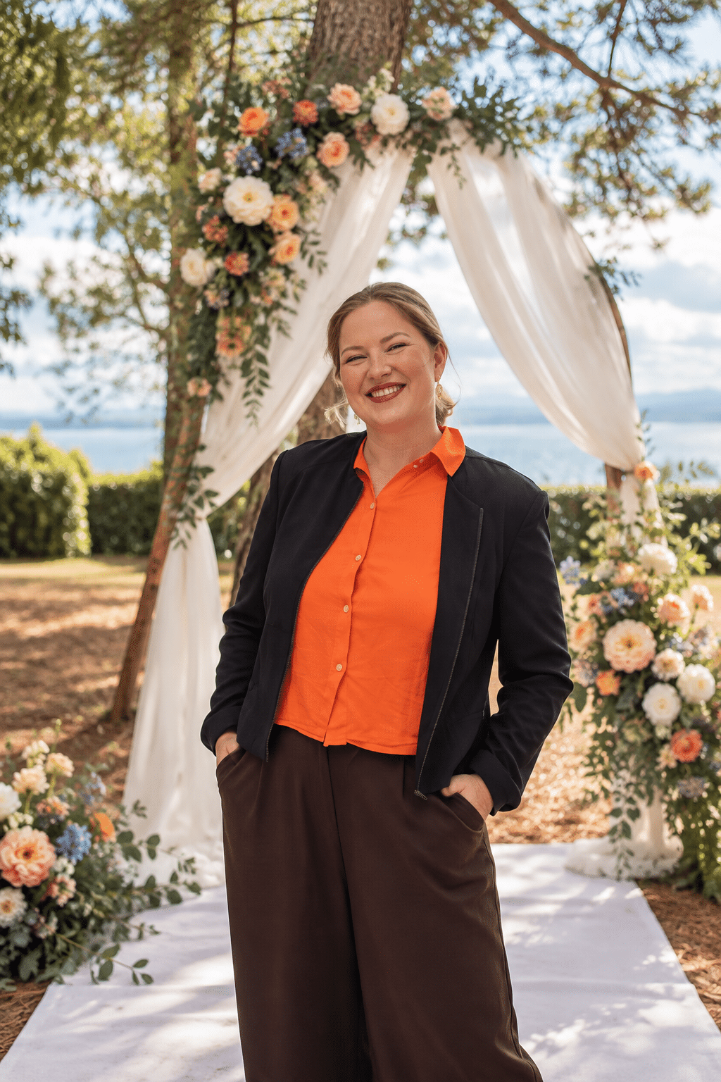 Clarissa, fondatrice de Let Love Sparkle, devant une arche fleurie lors d'une cérémonie de mariage en Suisse.